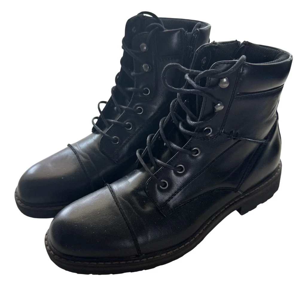 Public Opinion Mens Black Cap Toe Combat Boots Side Zip Lug Sole 8.5M